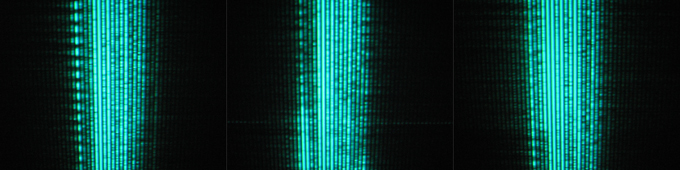 Evolving Sonic Environment at Threshold 06. Sonic "neurons" suspended in space; neurons designed and built by Robert Davis; observing the room's "observation"; Device suspended from ceiling; both speaker and mic may be directed as needed; realtime and historical frequency map of the room